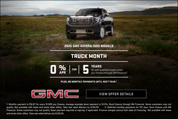TRUCK MONTH

0% APR FOR 5 YEARS for well-qualified buyers when you finance through GM Financial.1...