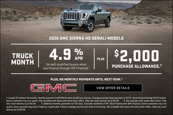 TRUCK MONTH 

4.9% APR for well-qualified buyers when you finance through GM Financial.1

Plus, $...